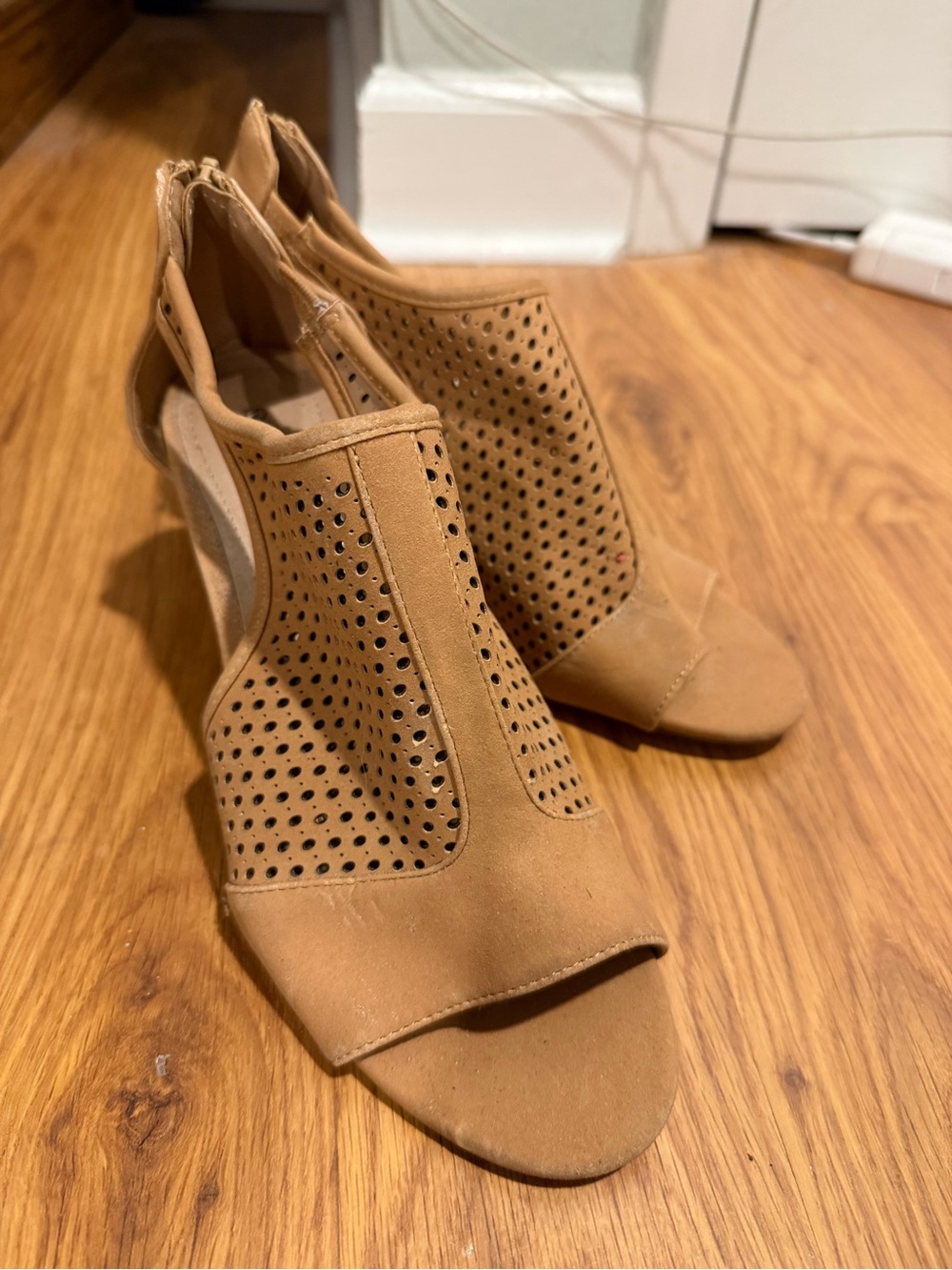 Women's Open-Toe Perforated Cutout Heels - Tan
